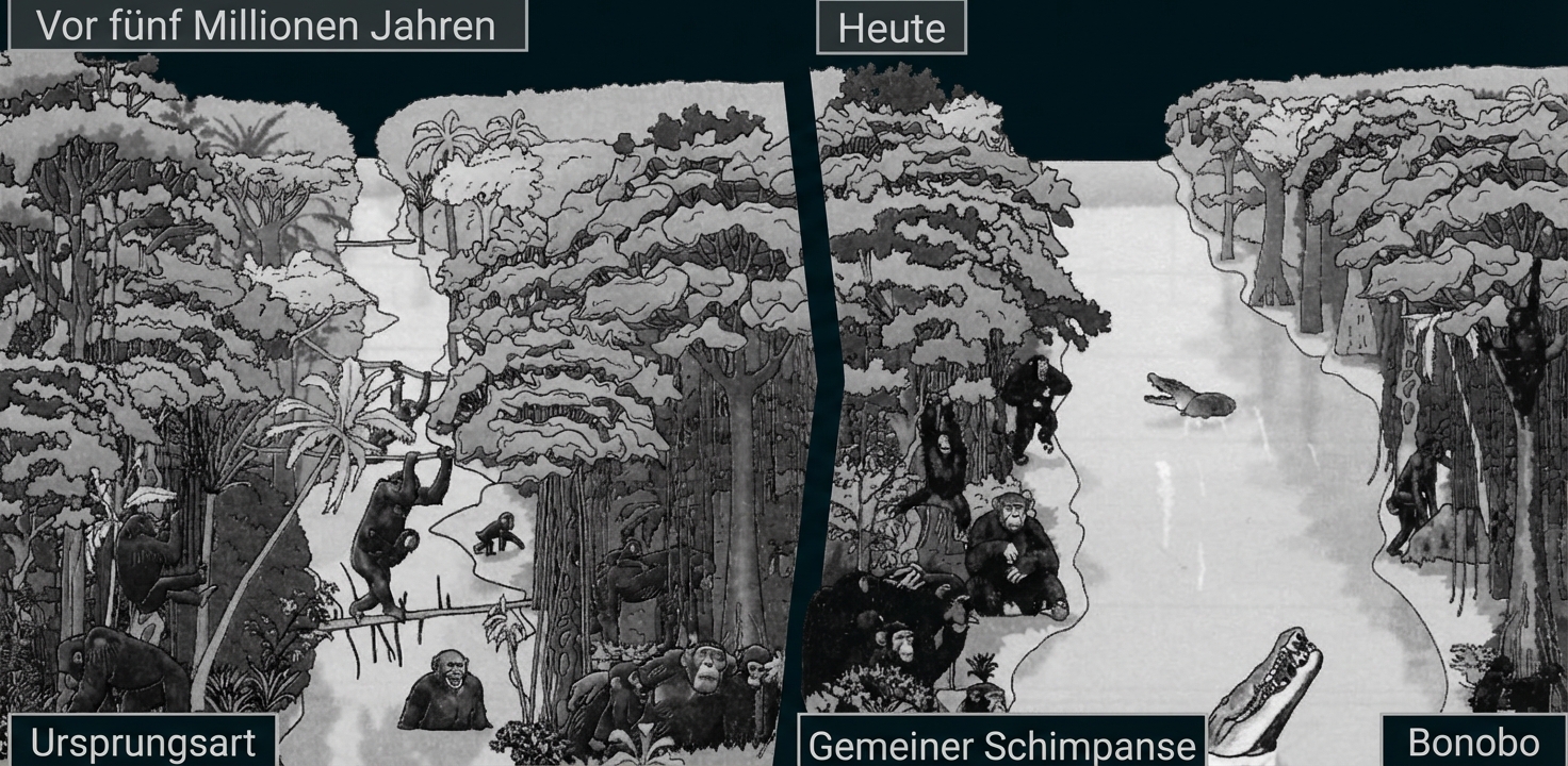 Links Urwald vor 5 Mio. Jahren mit frühen Menschenaffen, rechts heutige Schimpansen und Bonobos am Fluss